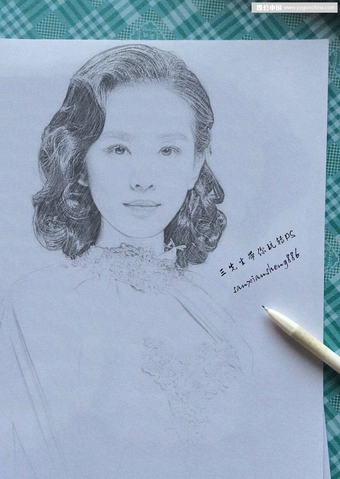 PS将美女头像照片制成逼真素描画效果